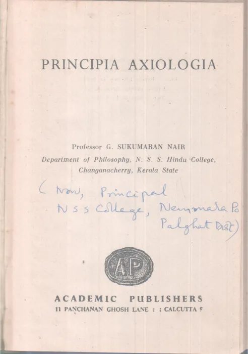 PRINCIPIA AXIOLO GIA BY PR. G SUKUMARAN NAIR